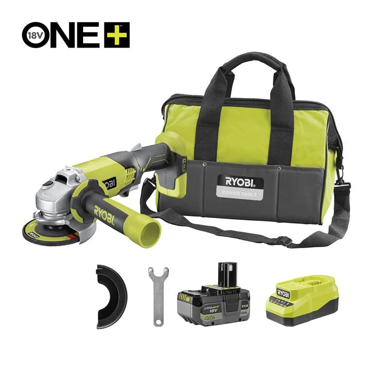 Smerigliatrice Angolare a Batteria Ryobi R18AG-140S 18V ONE Ø 115mm - Kit con Batteria 4.0Ah, Caricabatterie e Borsa